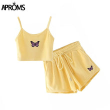 Load image into Gallery viewer, Aproms Yellow Velvet Crop Top and Shorts Women 2 Pieces Set Summer Embroidery Cami Drawstring Shorts Female Loungewear Suit 2021
