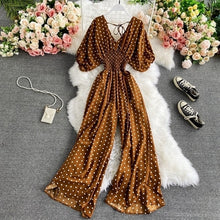 Load image into Gallery viewer, Autumn Sexy Polka Dot Romper Women Elegant V-Neck Puff Short Sleeve High Waist Jumpsuit Female Loose Wide Leg Playsuits Fashion
