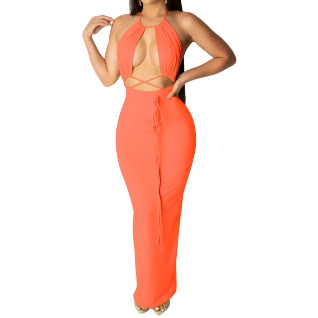 ANJAMANOR Neon Bodycon Hot Sexy Dress Womens Sexy Backless Sleeveless Halter Long Maxi Dresses Party Night Clubwear  D36-AA97