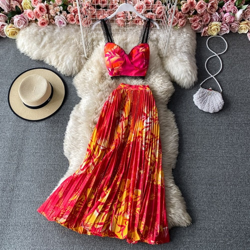 Bohemian Vacation Beach 2pcs Set Women Floral Printed Short Strapless Tops And High Waist Pleated Long Skirt Suit Spring Summer