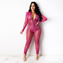 Load image into Gallery viewer, ANJAMANOR Shiny Hollow Out Jumpsuit Women Sexy Plus Size Long Sleeve One Piece Outfit Rave Club Wear Gold Silver Black D52-ED36
