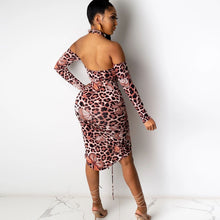 Load image into Gallery viewer, Bonnie Forest Off The Shoulder Backless Leopard Print Sexy Dresses Fashion Womens Long Sleeve Ruched Bodycon Party Club Dress
