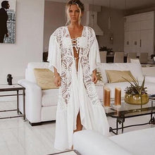 Load image into Gallery viewer, 2021 Crochet White Knitted Beach Cover up dress Tunic Long Pareos Bikinis Cover ups Swim Cover up Robe Plage Beachwear
