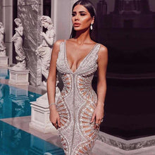 Load image into Gallery viewer, Adyce 2021 New Summer Women Sequin Tank Sleeveless Long Dress Sexy V Neck Silver Hollow Out Celebrity Evening Runway Party Dress
