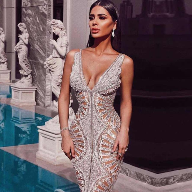 Adyce 2021 New Summer Women Sequin Tank Sleeveless Long Dress Sexy V Neck Silver Hollow Out Celebrity Evening Runway Party Dress