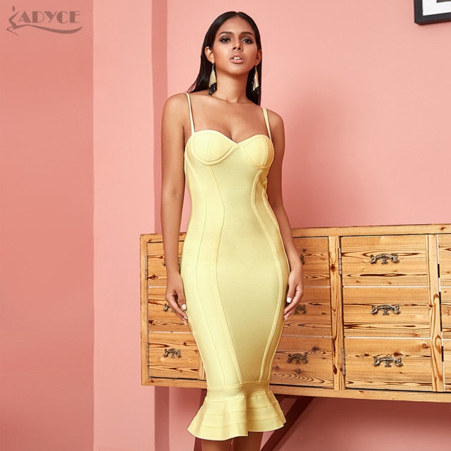 ADYCE 2021 New Summer Women Bodycon Bandage Dress Sexy Spaghetti Strap Sleeveless Mermaid Club Dress Midi Celebrity Party Dress