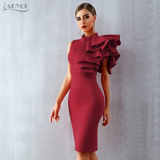 Adyce 2021 New Summer Women Wine Red Celebrity Evening Runway Party Dress Sexy Sleeveless Ruffles Bodycon Midi Night Club Dress