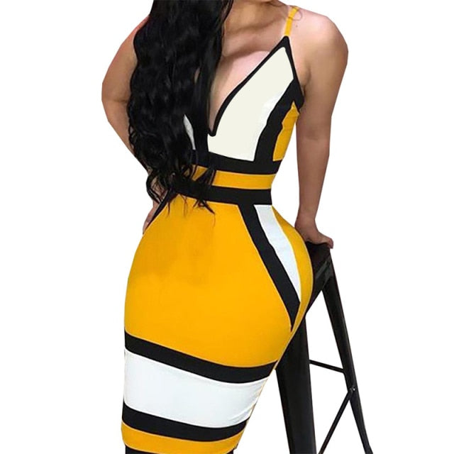 2020 NEW Summer Women Colorbloock Sleeveless Backless Slim V Neck High Waist Spaghetti Strap Elegant Pencil Dress