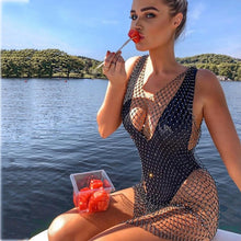 Load image into Gallery viewer, Amphiaraus Crystal Diamond Beach Dress Women Sexy V Neck Hollow Out Rhinestone Sleeveless Bodycon Dress 2021 Mesh Party Dresses
