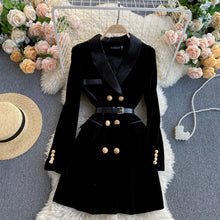 Load image into Gallery viewer, Blazer Coat Women Velvet Suit Jacket Winter Double Breasted Long Sleeve Ladies Black Blazer Belt Women Slim Suit Blazer Outwear
