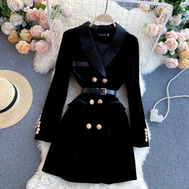 Blazer Coat Women Velvet Suit Jacket Winter Double Breasted Long Sleeve Ladies Black Blazer Belt Women Slim Suit Blazer Outwear