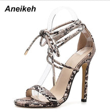 Load image into Gallery viewer, Aneikeh Fashion 2021NEW Summer Women&#39;s Sandals PU Lace-Up Thin High Cover Heel Shallow Mature Serpentine Dance Solid Pumps 35-40
