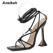 Load image into Gallery viewer, Aneikeh Fashion 2021NEW Summer Women&#39;s Sandals PU Lace-Up Thin High Cover Heel Shallow Mature Serpentine Dance Solid Pumps 35-40
