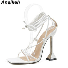 Load image into Gallery viewer, Aneikeh Fashion 2021NEW Summer Women&#39;s Sandals PU Lace-Up Thin High Cover Heel Shallow Mature Serpentine Dance Solid Pumps 35-40
