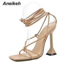 Load image into Gallery viewer, Aneikeh Fashion 2021NEW Summer Women&#39;s Sandals PU Lace-Up Thin High Cover Heel Shallow Mature Serpentine Dance Solid Pumps 35-40
