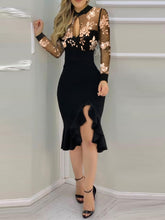 Load image into Gallery viewer, 2021 New Spring Fall Women Elegant Floral Patter Sheer Mesh Slit Bodycon Dress Femme Ruff Hem Cut Out Party Robes Skinny Vestido
