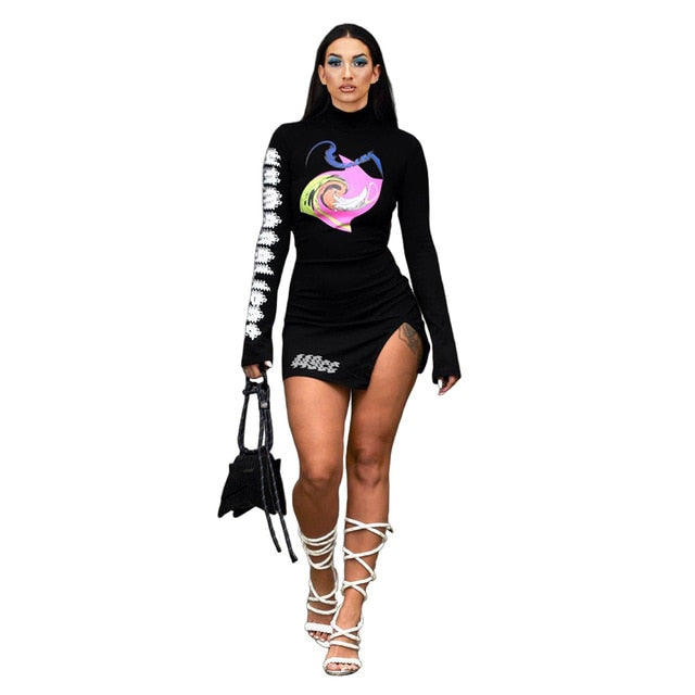 ANJAMANOR Sexy Split Micro Mini Dress Black Sexy Club Wear Trendy Print Runway High Neck Long Sleeve Bodycon Dresses D74-CC25