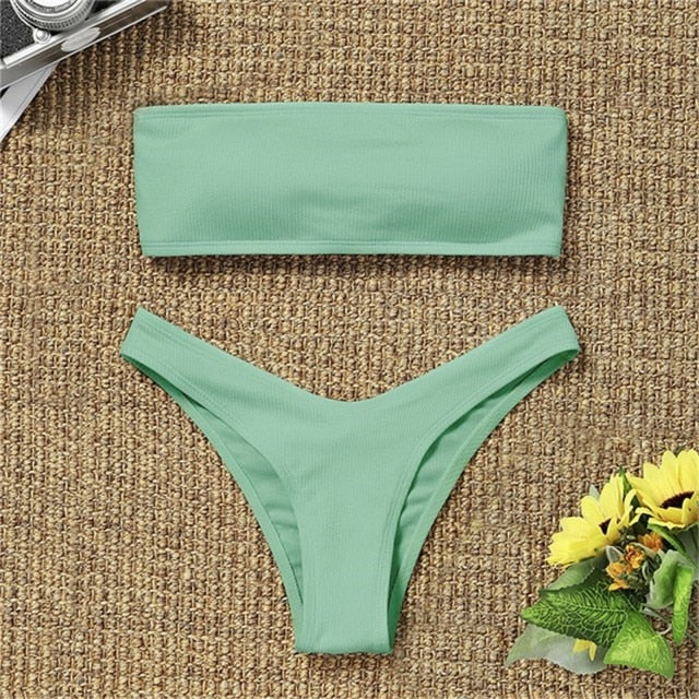 2021 New Bikini High Waist Strapless Sexy Bikini Women Swimwear Women Swimsuit Padded Bathing Suit Monokin Pure Color