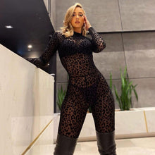 Load image into Gallery viewer, ANJAMANOR Black Leopard Mesh Transparent Sexy Jumpsuit Club Outfits for Women Sheer Long Sleeve Bodycon Jump Suits D82-CA18
