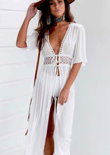 Load image into Gallery viewer, Bikini Cover Up Beach Long Maxi Dress Women Beach Cover Up Tunic Pareo White V Neck Dress Robe Swimwear Bathing Suit Beachwear
