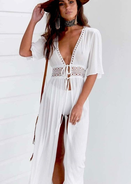 Bikini Cover Up Beach Long Maxi Dress Women Beach Cover Up Tunic Pareo White V Neck Dress Robe Swimwear Bathing Suit Beachwear