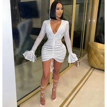 Load image into Gallery viewer, Beyprern Beautiful Sequin Glam Mini Dress Elegant Ruched Feather Patchwork Bodycon White New Year Party Dress Chirstmas Outfits
