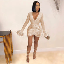 Load image into Gallery viewer, Beyprern Beautiful Sequin Glam Mini Dress Elegant Ruched Feather Patchwork Bodycon White New Year Party Dress Chirstmas Outfits
