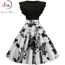 Load image into Gallery viewer, Black White Patchwork Floral Print Summer Dress Women 2021 Petal Sleeve Dot Vintage Dress Robe Casual Rockabilly Party Vestidos
