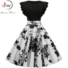 Load image into Gallery viewer, Black White Patchwork Floral Print Summer Dress Women 2021 Petal Sleeve Dot Vintage Dress Robe Casual Rockabilly Party Vestidos
