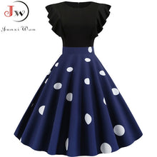 Load image into Gallery viewer, Black White Patchwork Floral Print Summer Dress Women 2021 Petal Sleeve Dot Vintage Dress Robe Casual Rockabilly Party Vestidos
