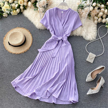 Load image into Gallery viewer, Autumn Fashion New Female Solid Pleated Dress Women V neck Short Sleeves Sashes Long Dresses Summer Streetwear Vintage
