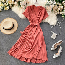 Load image into Gallery viewer, Autumn Fashion New Female Solid Pleated Dress Women V neck Short Sleeves Sashes Long Dresses Summer Streetwear Vintage
