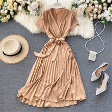 Load image into Gallery viewer, Autumn Fashion New Female Solid Pleated Dress Women V neck Short Sleeves Sashes Long Dresses Summer Streetwear Vintage
