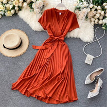 Load image into Gallery viewer, Autumn Fashion New Female Solid Pleated Dress Women V neck Short Sleeves Sashes Long Dresses Summer Streetwear Vintage
