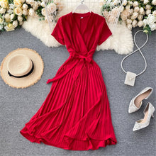 Load image into Gallery viewer, Autumn Fashion New Female Solid Pleated Dress Women V neck Short Sleeves Sashes Long Dresses Summer Streetwear Vintage
