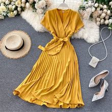 Load image into Gallery viewer, Autumn Fashion New Female Solid Pleated Dress Women V neck Short Sleeves Sashes Long Dresses Summer Streetwear Vintage
