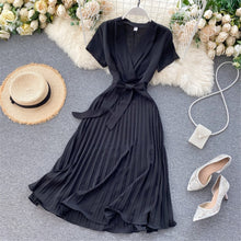 Load image into Gallery viewer, Autumn Fashion New Female Solid Pleated Dress Women V neck Short Sleeves Sashes Long Dresses Summer Streetwear Vintage
