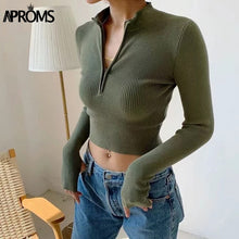 Load image into Gallery viewer, Aproms Elegant High Neck Zipper Front Knitted Sweater Women Solid Basic Cropped Pullover Winter Spring Fashion Clothing Top 2021
