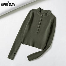 Load image into Gallery viewer, Aproms Elegant High Neck Zipper Front Knitted Sweater Women Solid Basic Cropped Pullover Winter Spring Fashion Clothing Top 2021
