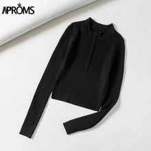 Load image into Gallery viewer, Aproms Elegant High Neck Zipper Front Knitted Sweater Women Solid Basic Cropped Pullover Winter Spring Fashion Clothing Top 2021
