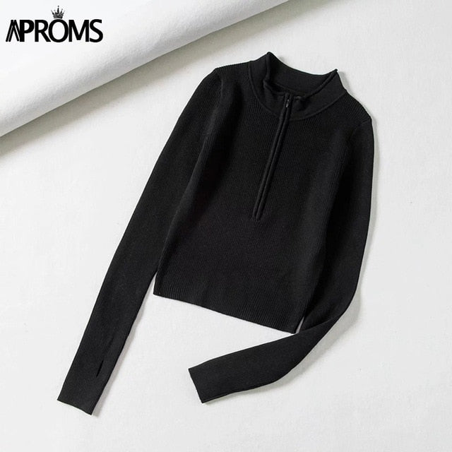 Aproms Elegant High Neck Zipper Front Knitted Sweater Women Solid Basic Cropped Pullover Winter Spring Fashion Clothing Top 2021