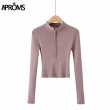 Load image into Gallery viewer, Aproms Elegant High Neck Zipper Front Knitted Sweater Women Solid Basic Cropped Pullover Winter Spring Fashion Clothing Top 2021
