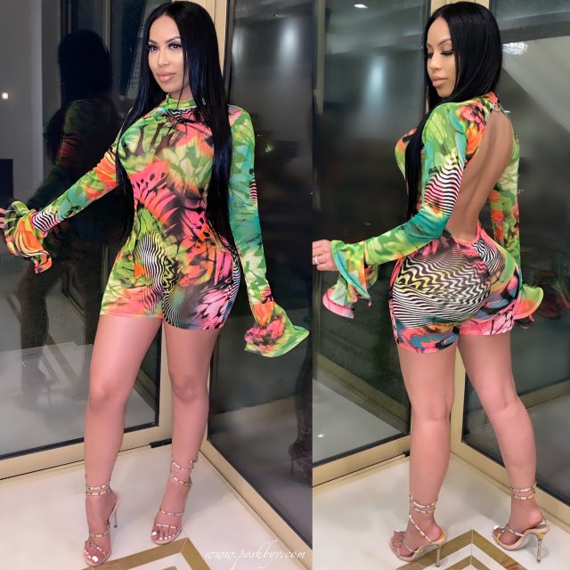 2020 Sexy Printed Women Shorts Jumpsuits Sexy See Through Mesh Bell Long Sleeves Nightclub Party Playsuits New Arrivals