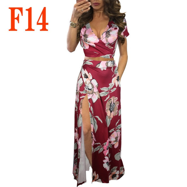 2021 New Print Floral Dress Two-Piece Set Lady Sexy V Neck Hollow Out Crop Top And Split Long Skirts 2 Piece Sets Women Clothing