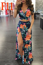 Load image into Gallery viewer, 2021 New Print Floral Dress Two-Piece Set Lady Sexy V Neck Hollow Out Crop Top And Split Long Skirts 2 Piece Sets Women Clothing
