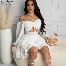 Load image into Gallery viewer, Bonnie Forest Elegant White Ruffles Chffion Party Dress Summer Sundresses Womens Sexy Off Shoulder Tied Pleated Vacation Dresses
