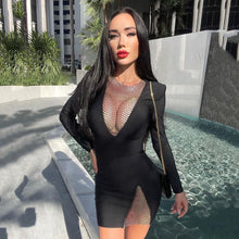 Load image into Gallery viewer, 2020 Winter New Women&#39;s Mini Bandage Dress Hollow Fishnet Rhinestone Long Sleeve Sexy Side Open Celebrity Runway Party Dresses
