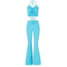 Load image into Gallery viewer, ALLNeon Y2K Streetwear Sexy Bandage Blue Co-ord Suits 2000s Fashion Drawstring Halter Top and High Waist Flare Pants 2 Piece Set
