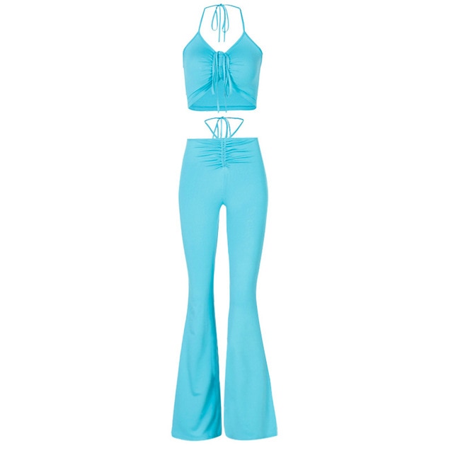 ALLNeon Y2K Streetwear Sexy Bandage Blue Co-ord Suits 2000s Fashion Drawstring Halter Top and High Waist Flare Pants 2 Piece Set