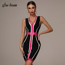 Load image into Gallery viewer, 2021 Summer New Women&#39;s Fashion Sexy Striped Stitching Bandage Dress Deep V-neck Vestidos Party Club Mini Christmas Dress
